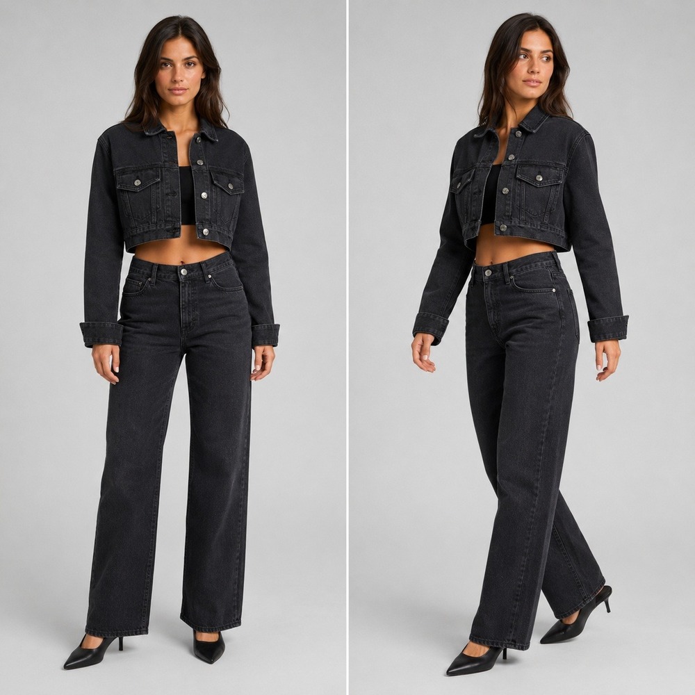 PrettyLittleThing Womens Cropped Denim Jacket Washed Black Button Up Size 4